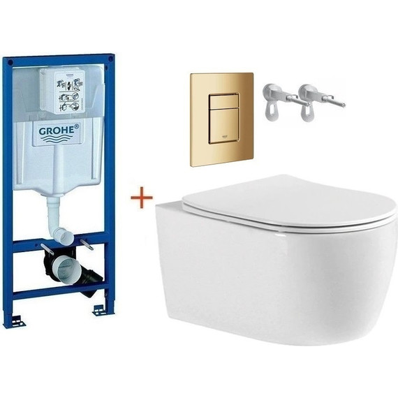 Инсталляция с подвесным унитазом комплект: Grohe Rapid SL 38772001+38732GL0 с подвесным безободковым унитазом Aquatek Европа AQ1106-00 сиденье микролифт, крепление, кнопка смыва золото глянцевое, Цвет производителя: золото глянцевое - фото 