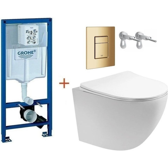 Инсталляция с подвесным унитазом комплект: Grohe Rapid SL 38772001+38732GL0 с подвесным безободковым унитазом Aquatek Европа AQ1900-00 сиденье микролифт, крепление, кнопка смыва золото глянцевое, Цвет производителя: золото глянцевое - фото 