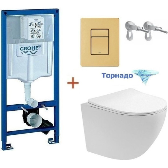 Инсталляция с подвесным унитазом комплект: Grohe Rapid SL 38772001+38732GN0 с подвесным безободковым унитазом Aquatek Европа AQ1900T-00 сиденье микролифт, крепление, кнопка смыва золото матовое (Система смыва торнадо), Цвет производителя: золото матовое - фото 
