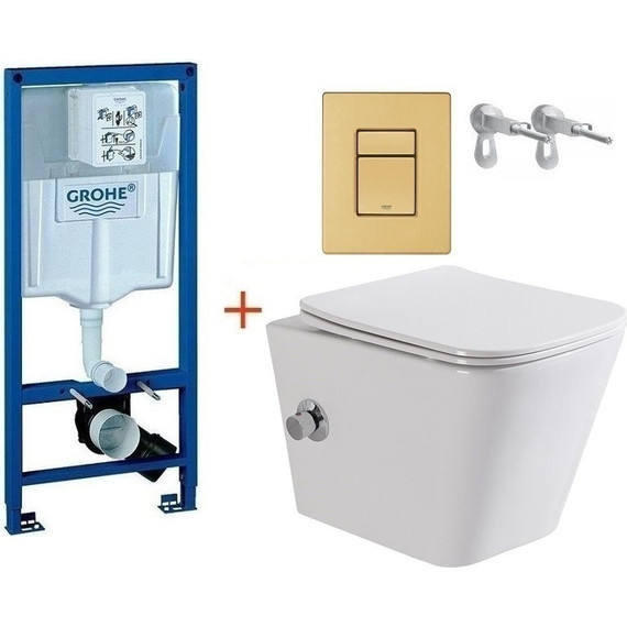 Инсталляция с подвесным унитазом комплект: Grohe Rapid SL 38772001+38732GN0 с подвесным безободковым унитазом-биде BelBagno Due BB3103CHR-BS/SC сиденье микролифт, крепление, кнопка смыва золото матовое, Цвет производителя: золото матовое - фото 
