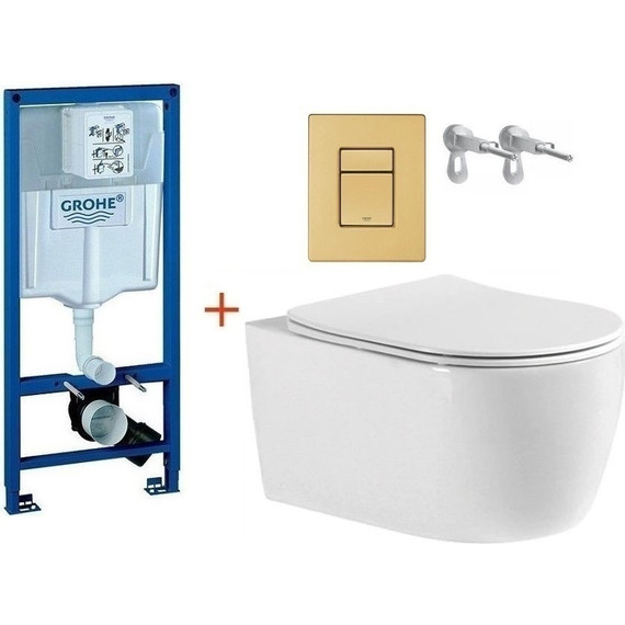 Инсталляция с подвесным унитазом комплект: Grohe Rapid SL 38772001+38732GN0 с подвесным безободковым унитазом Aquatek Европа AQ1106-00 сиденье микролифт, крепление, кнопка смыва золото матовое, Цвет производителя: золото матовое - фото 