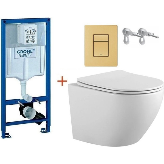 Инсталляция с подвесным унитазом комплект: Grohe Rapid SL 38772001+38732GN0 с подвесным безободковым унитазом Aquatek Европа AQ1901-00 сиденье микролифт, крепление, кнопка смыва золото матовое, Цвет производителя: золото матовое - фото 