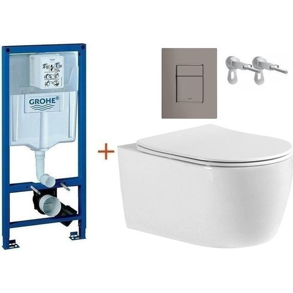 Инсталляция с подвесным унитазом комплект: Grohe Rapid SL 38772001+38732A00 с подвесным безободковым унитазом Aquatek Европа AQ1106-00 сиденье микролифт, крепление, кнопка смыва графит глянцевый, Цвет производителя: графит глянцевый - фото 