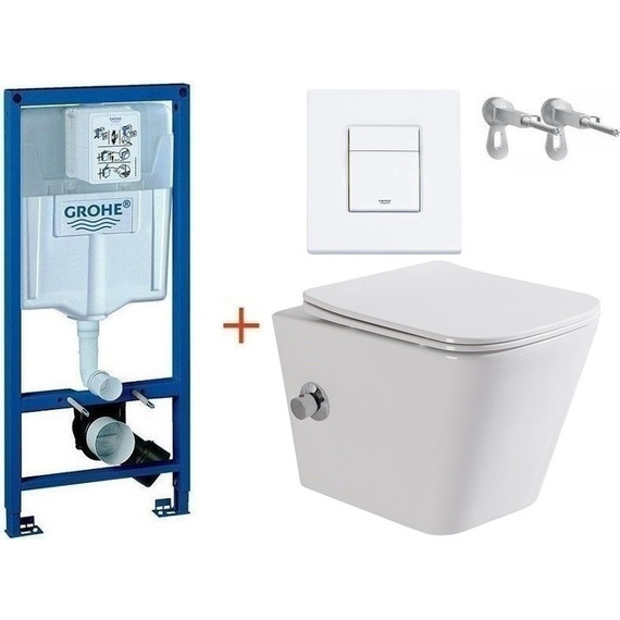 Инсталляция с подвесным унитазом комплект: Grohe Rapid SL 38772001+38732WM0 с подвесным безободковым унитазом-биде BelBagno Due BB3103CHR-BS/SC сиденье микролифт, крепление, кнопка смыва белый матовый, Цвет производителя: белый матовый - фото 