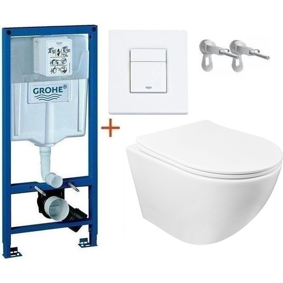 Инсталляция с подвесным унитазом комплект: Grohe Rapid SL 38772001+38732WM0 с подвесным безободковым унитазом Azario Grado AZ-0046 SP сиденье микролифт, крепление, кнопка смыва белый матовый, Цвет производителя: белый матовый - фото 
