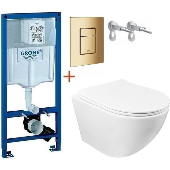 Инсталляция с подвесным унитазом комплект: Grohe Rapid SL 38772001+38732GL0 с подвесным безободковым унитазом Azario Grado AZ-0046 SP сиденье микролифт, крепление, кнопка смыва золото глянцевое, Цвет производителя: золото глянцевое - фото 
