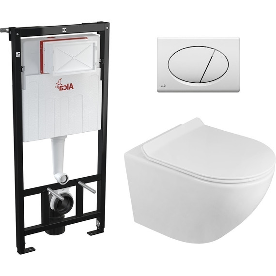 Инсталляция с подвесным унитазом комплект: Alcaplast AM101/1120-3:1 RU M70-0001 с подвесным безободковым унитазом Azario Grado AZ-0046N сиденье микролифт, крепление, кнопка смыва белый - фото 