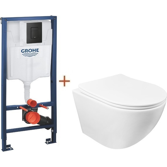 Инсталляция с подвесным унитазом комплект: Grohe Solido 38811KF0 с подвесным безободковым унитазом Azario Grado AZ-0046 SP сиденье микролифт, крепление, кнопка смыва чёрная матовая, Цвет производителя: чёрный матовый - фото 