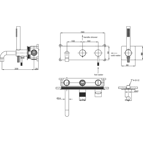 Смеситель для ванны Boheme UNO 464-3-G, золото - фото 2