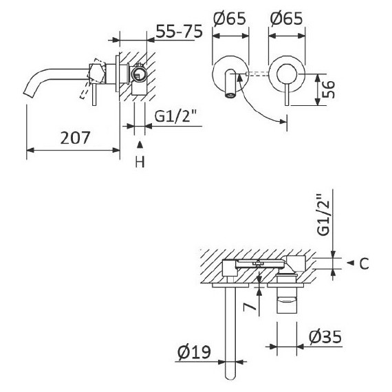 Смеситель для раковины настенный Cezares LEAF-BLI2-20-L-01-W0 (со скрытой частью) - фото 7