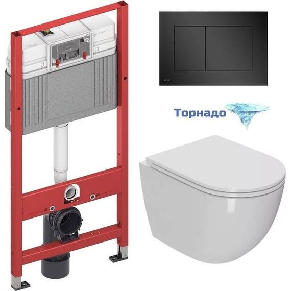 Инсталляция с подвесным унитазом комплект: TECEbase 2.0 9400414 с подвесным безободковым унитазом Sintesi Evi SIN-TS-EVI-152 сиденье микролифт, крепление, кнопка смыва чёрная матовая (система смыва Торнадо) - фото 