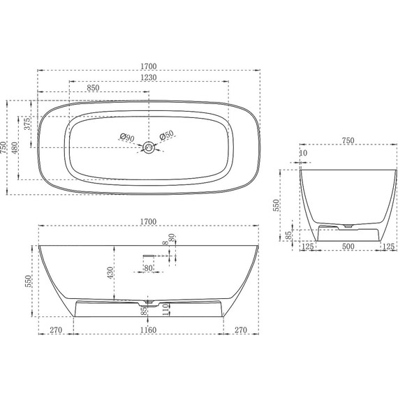 Ванна отдельностоящая Solid Surface Vincea 170x72 см VBT-6S02MW, белый матовый - фото 4