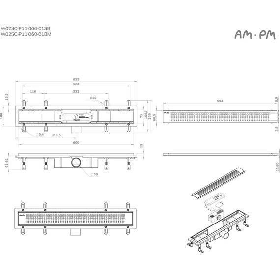 Душевой трап (лоток) 60 AM.PM PrimeFlow W02SC-P11-060-01BM комбинированный затвор с черной матовой решеткой - фото 12
