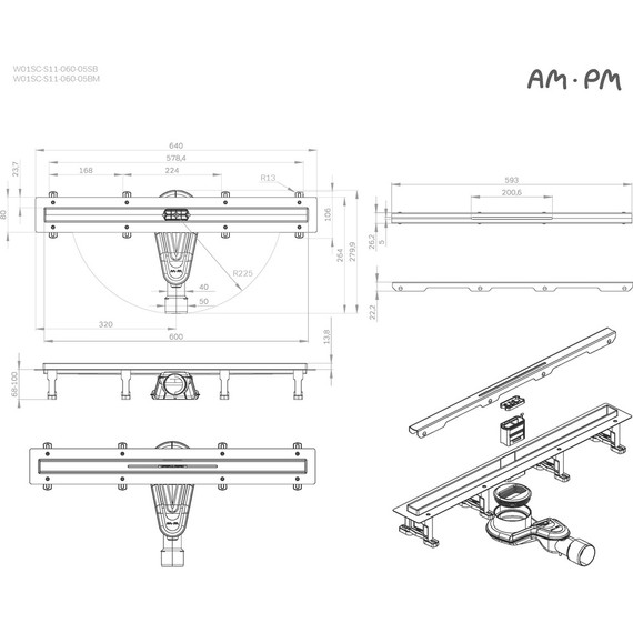 Душевой трап (лоток) 60 AM.PM MasterFlow Slim W01SC-S11-060-05SB комбинированный затвор со стальной матовой решеткой - фото 12