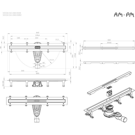 Душевой трап (лоток) 60 AM.PM MasterFlow Slim W01SC-S11-060-05BM комбинированный затвор с черной матовой решеткой - фото 12