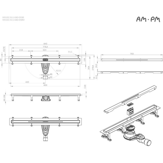 Душевой трап (лоток) 80 AM.PM MasterFlow Slim W01SC-S11-080-05SB комбинированный затвор со стальной матовой решеткой - фото 12