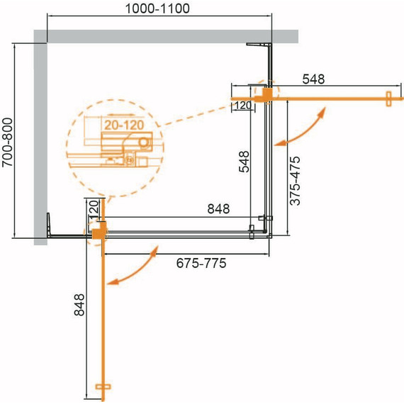 Душевое ограждение Cezares SLIDER-AH-2-70/80-100/110-C-BORO (70-80)x(100-110) см (стекло 8 мм) брашированное золото/прозрачное - фото 11