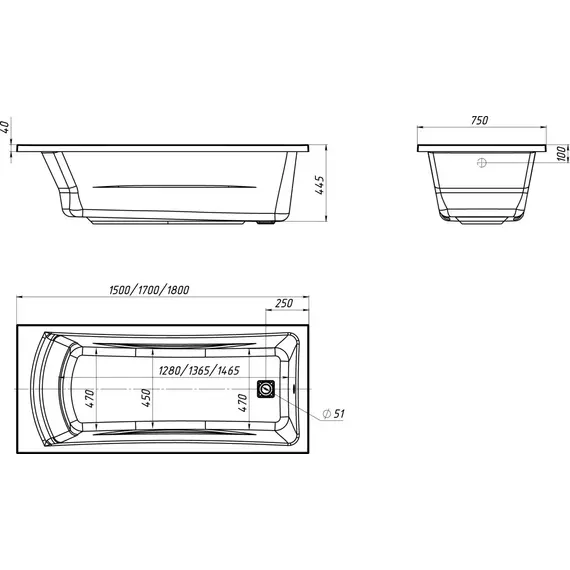 Ванна акриловая 1Marka Prime 150x75 см, Размер - мм: 1500х750 - фото 10