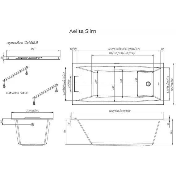Ванна акриловая 1Marka Aelita Slim 170x75 см, Размер - мм: 1700х750 - фото 5