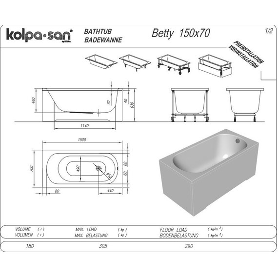Ванна акриловая Kolpa-San Betty 150х70 см, Размер - мм: 1500х700 - фото 3