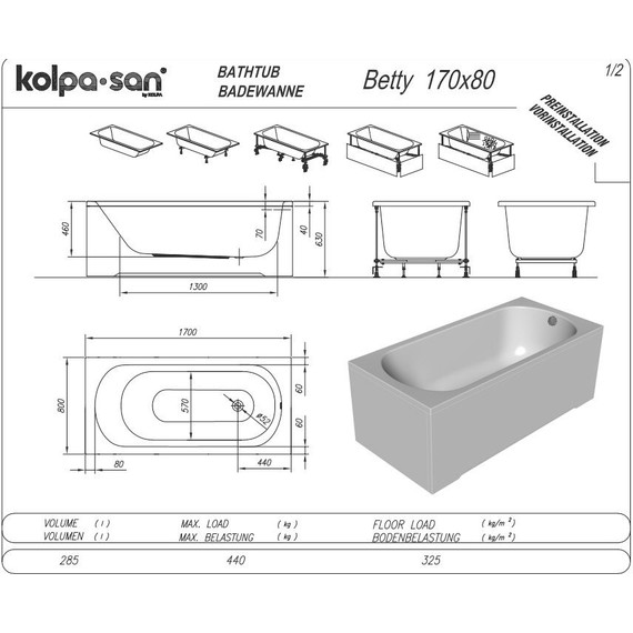 Ванна акриловая Kolpa-San Betty 170х80 см, Размер - мм: 1700х800 - фото 3