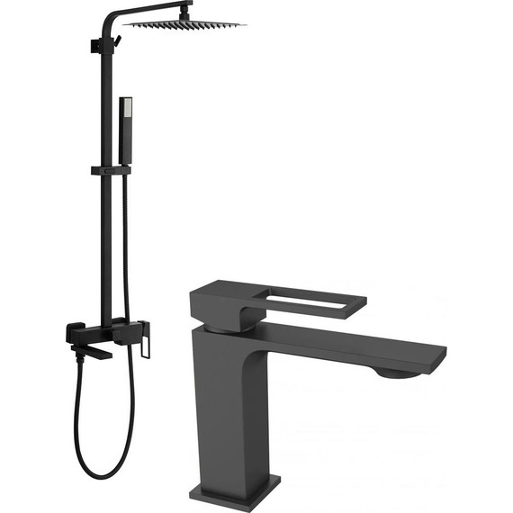Душевой комплект BelBagno: Душевая стойка Luce LUC-VSCM-NERO + смеситель для раковины LUC-LVM-NERO, цвет чёрный матовый - фото 