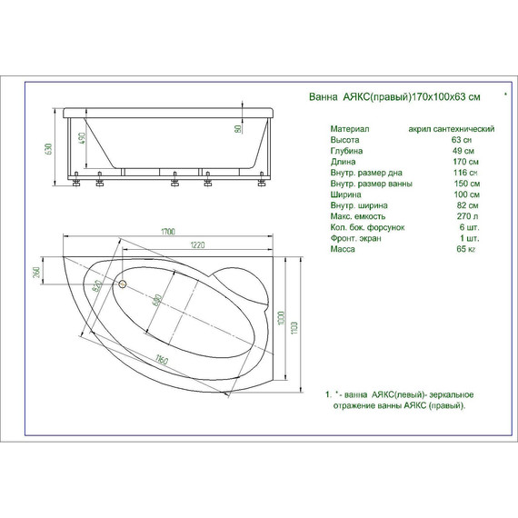 Ванна акриловая Aquatek Аякс 2 R 170x110 см AYK170-0000007 - фото 4