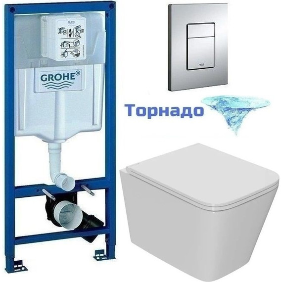 Инсталляция с подвесным унитазом комплект: Grohe Rapid SL 38772001 с подвесным безободковым унитазом Sintesi Balti SIN-TS-BLT-172 сиденье микролифт, крепление, кнопка смыва хром (система смыва Торнадо) - фото 
