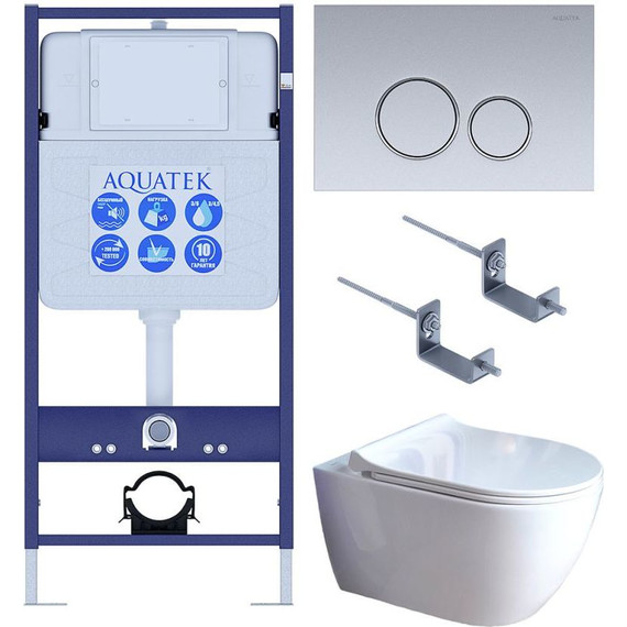 Инсталляция с подвесным унитазом комплект: Aquatek Standard INS-0000012 с подвесным безободковым унитазом Поларис AQ0700-01 сиденье микролифт, крепление, кнопка смыва хром матовая KDI-0000019 - фото 