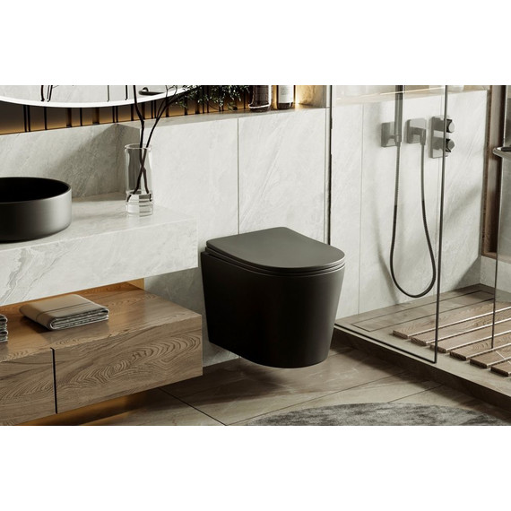Унитаз подвесной безободковый Abber Bequem AC1102TMB с крышкой микролифт, чёрный матовый (система смыва Торнадо), Цвет производителя: чёрный матовый - фото 8