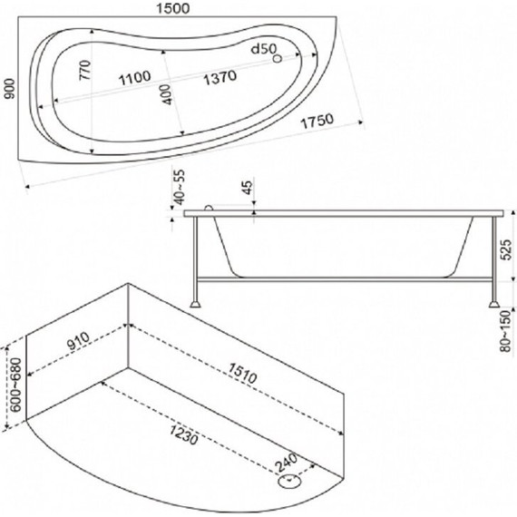 Ванна акриловая Bas Алегра 150x90 см R (на усиленном каркасе) - фото 6