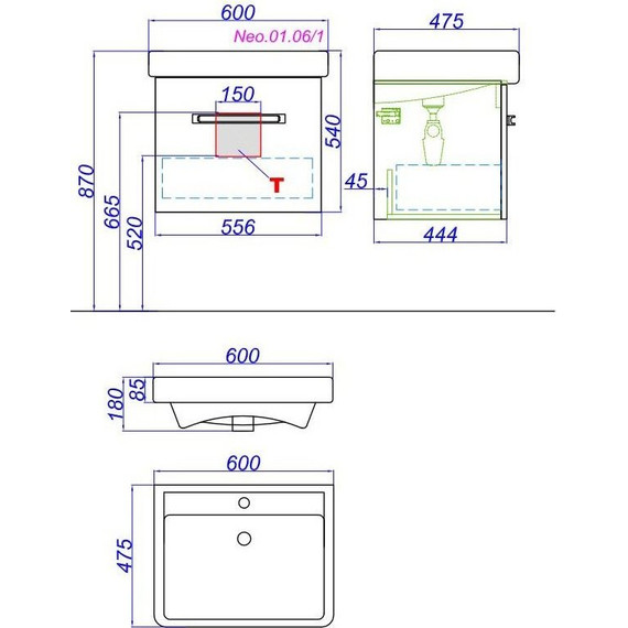 Тумба подвесная с раковиной Aqwella Нео 60 см Neo.01.06/1 - фото 9