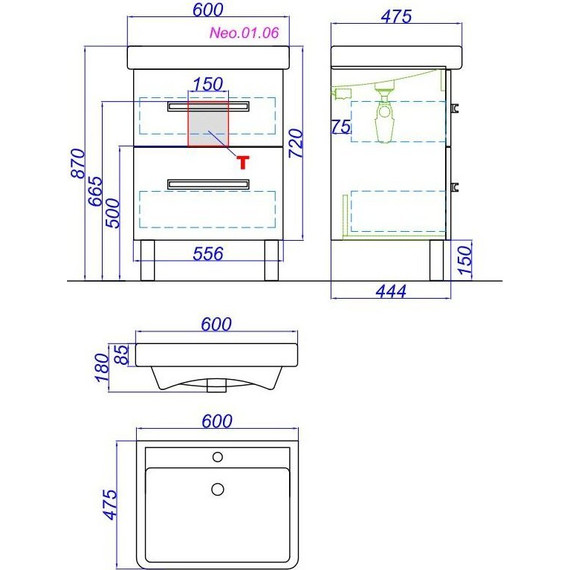 Тумба напольная с раковиной Aqwella Нео 60 см Neo.01.06 - фото 7