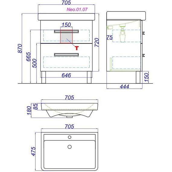 Тумба напольная с раковиной Aqwella Нео 70 см Neo.01.07 (раковина Дрея) - фото 8