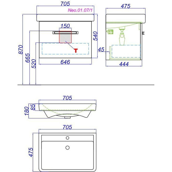 Тумба подвесная с раковиной Aqwella Нео 70 см Neo.01.07/1 (раковина Дрея) - фото 10