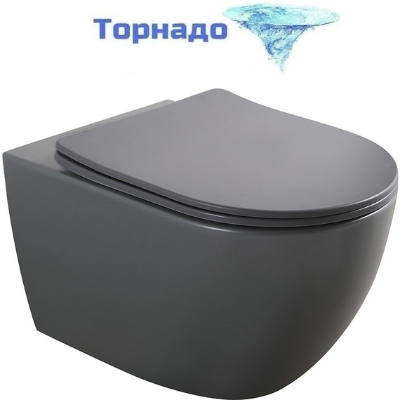 Унитаз подвесной безободковый Veconi Ento VEN-52TGR (Система смыва торнадо) с тонкой крышкой микролифт, серый матовый - фото 
