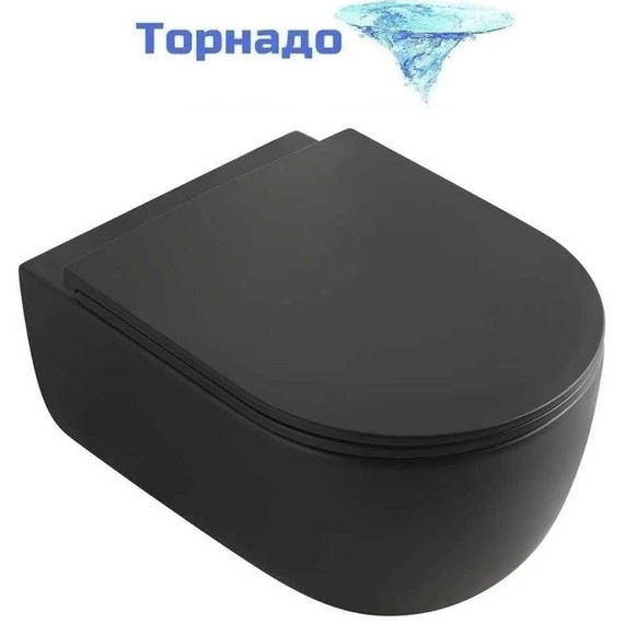 Унитаз подвесной безободковый Veconi Rino VRI-49TB (Система смыва торнадо) с тонкой крышкой микролифт, чёрный матовый - фото 
