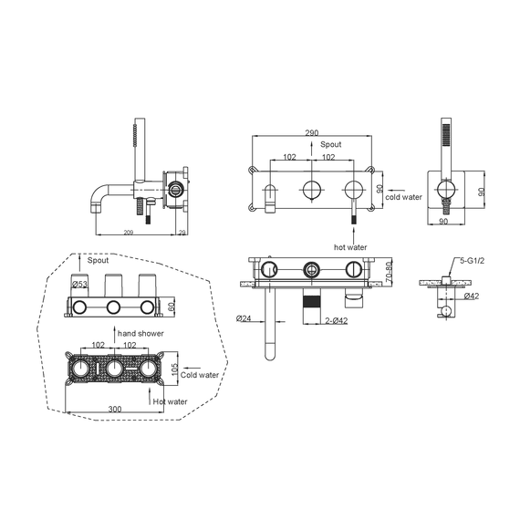 Смеситель для ванны Boheme Uno 464-3-B (со скрытой частью) чёрный - фото 2