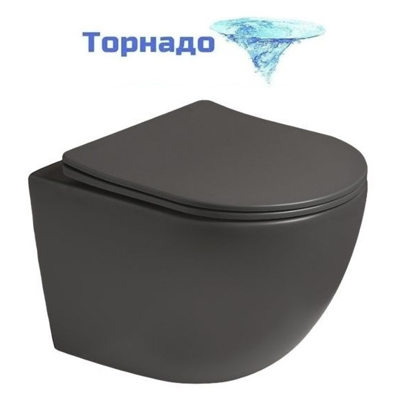 Унитаз подвесной безободковый SantiLine SL-5005T-DG с тонкой крышкой микролифт (система смыва Торнадо) тёмно-серый матовый - фото 