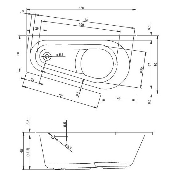 Ванна акриловая Riho DELTA 150x80 см B067001005 L, Размер - мм: 1500х800 - фото 6