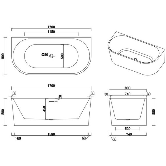 Ванна акриловая AN Dea 170x80 см - фото 7