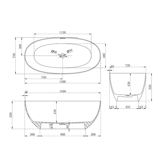 Ванна отдельностоящая Abber Stein 150x72 см AS9624-1.5, белый матовый, Размер - мм: 1500х700 - фото 10