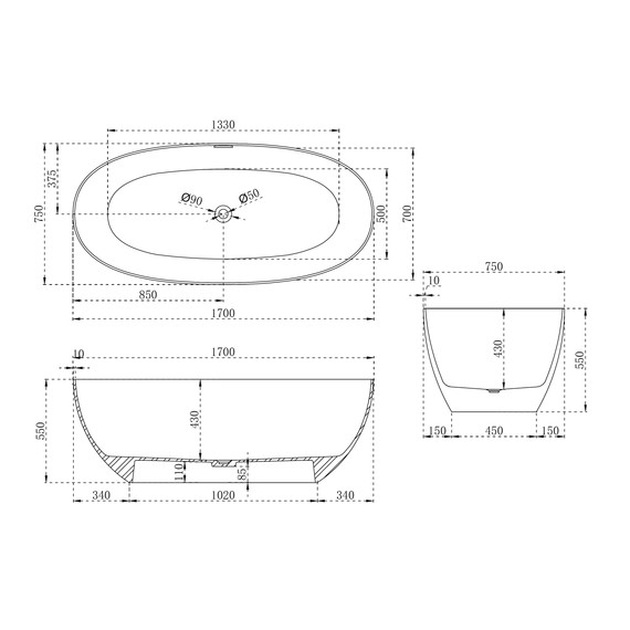 Ванна отдельностоящая Abber Stein 170x75 см AS9624-1.7, белый матовый, Размер - мм: 1700х750 - фото 11