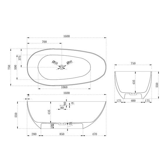 Ванна отдельностоящая Abber Stein 160x75 см AS9611-1.6, белый матовый, Размер - мм: 1600х750 - фото 11
