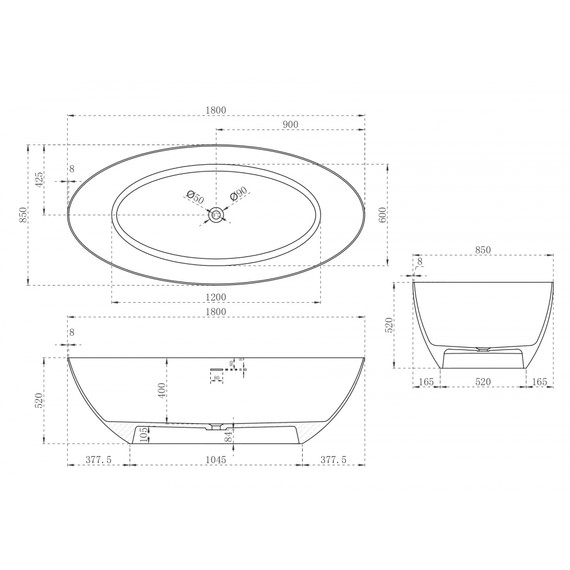 Ванна отдельностоящая Abber Stein 180x85 см AS9625-1.8, белый матовый, Размер - мм: 1800х850 - фото 13