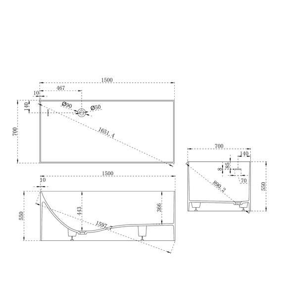 Ванна каменная Abber Stein 150x70 см AS9640-1.5, белый матовый, Размер - мм: 1500х700 - фото 10