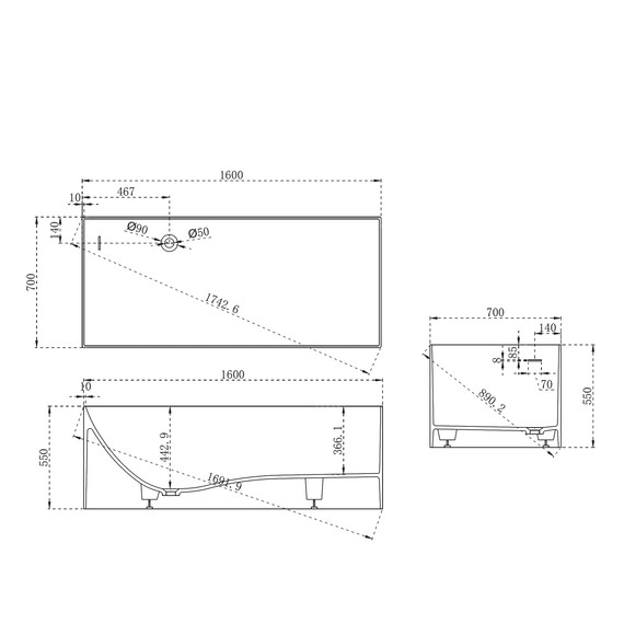 Ванна каменная Abber Stein 160x70 см AS9640-1.6, белый матовый, Размер - мм: 1600х700 - фото 11