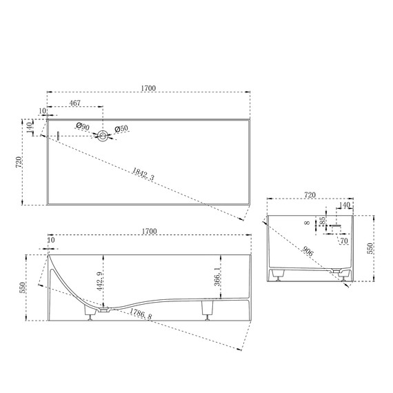 Ванна каменная Abber Stein 170x72 см AS9640-1.7, белый матовый, Размер - мм: 1700х700 - фото 11
