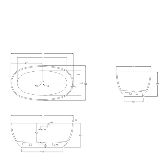 Ванна каменная Abber Stein 140x78 см AS9641-1.4, белый матовый, Размер - мм: 1400х800 - фото 10