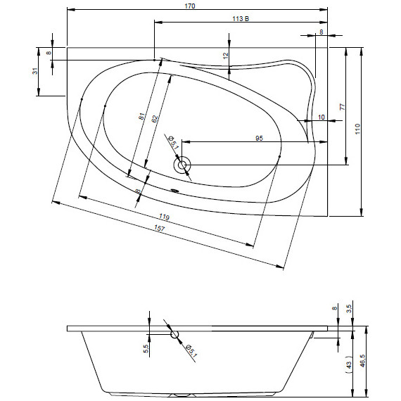 Ванна акриловая Riho LYRA 170x110 см B018001005 L, Размер - мм: 1700х1100 - фото 6